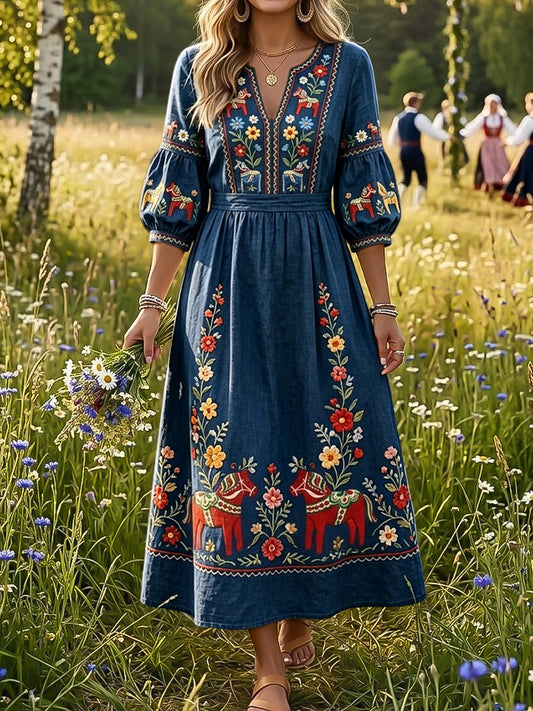 Dameskjørt i vintagestil med blomstermønster og gyngehestmotiv, kjole med V-hals