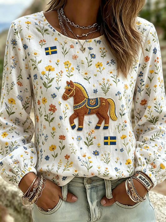 Damer retro svensk midtsommerfolkedrakt-bluse i bomull-lin med blomstermønster
