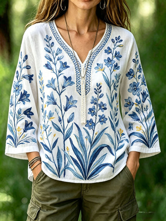 Damer retro svensk midtsommerfolkedrakt-bluse i bomull-lin med blomstermønster