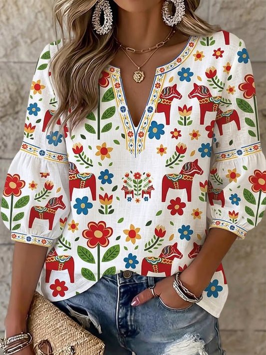 Dame Vintage Svensk Dalahäst Blomstret Kunst V-hals Topp
