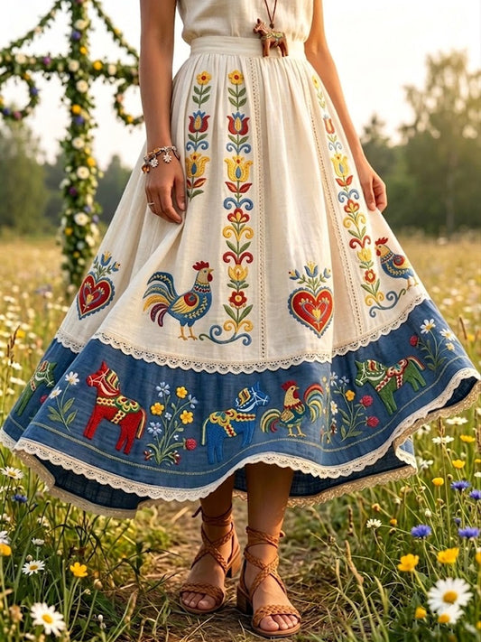 Damekjol i retrostil med romantisk blomstermønster i lappeteppe, midikjole