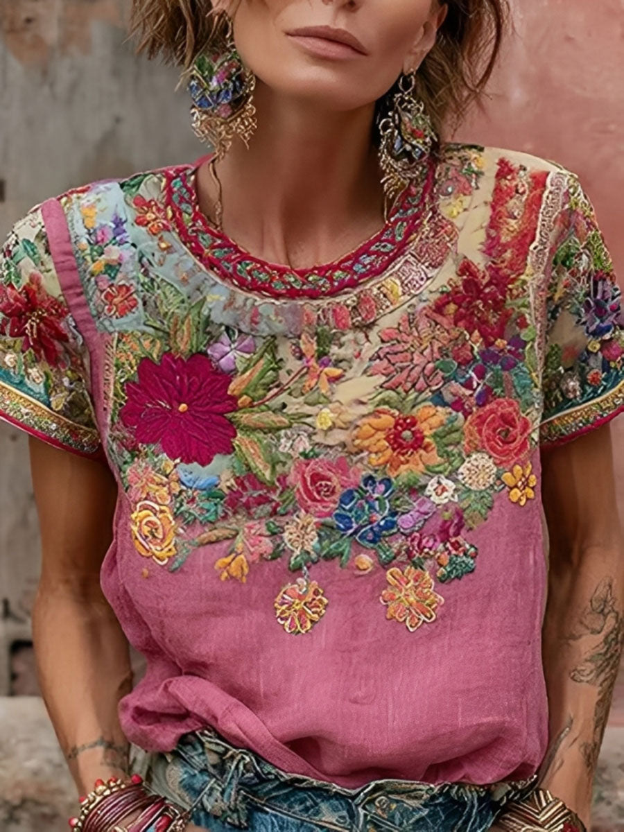 Kvinnor Pink Floral Print Casual T-shirt