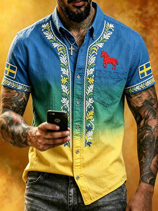Herregenser med korte ermer og kunsttrykk som hyller den svenske midtsommerfesten