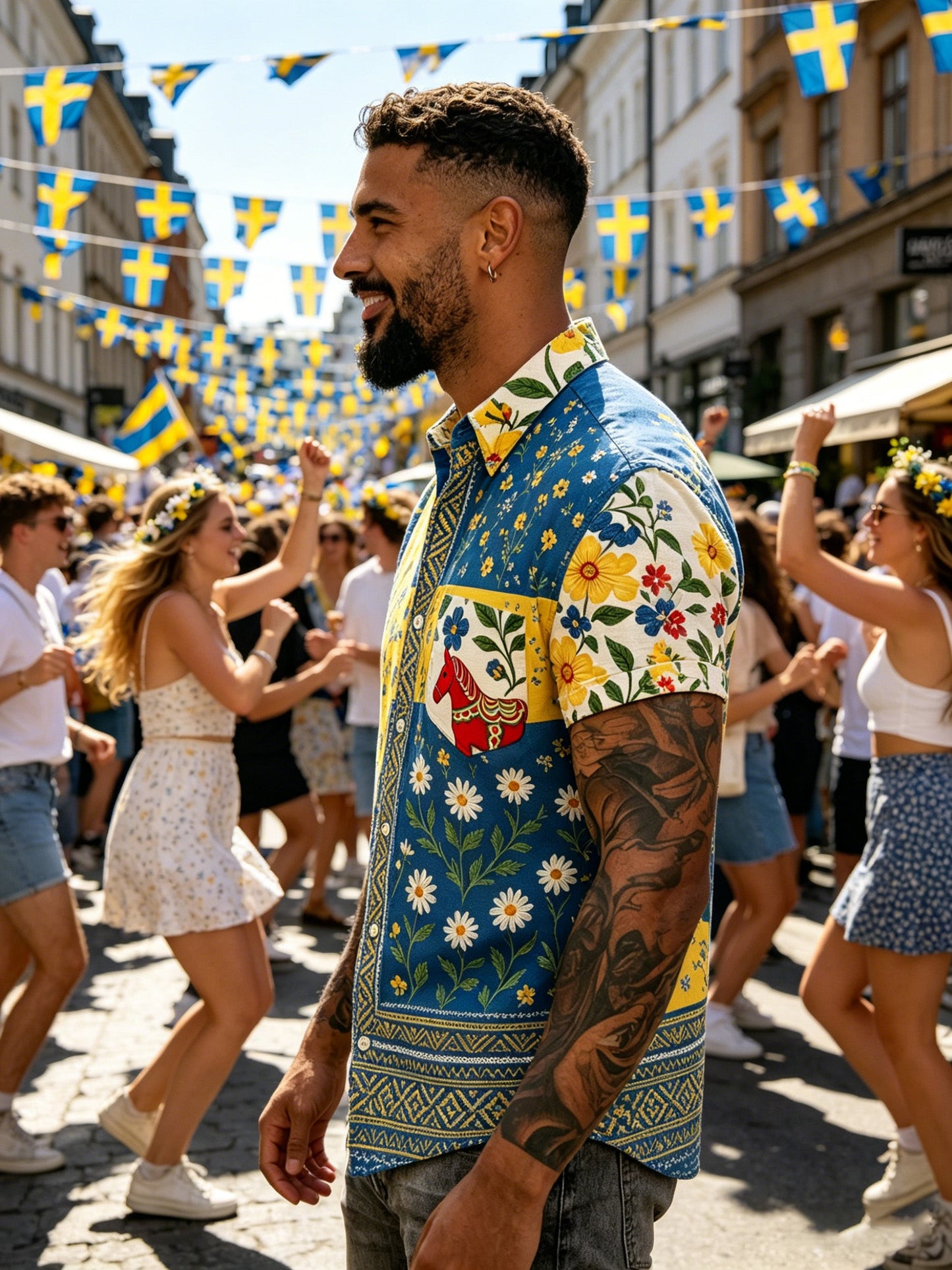 Herrtröja med korta ärmar och konstprint som hyllar den svenska midsommarfesten