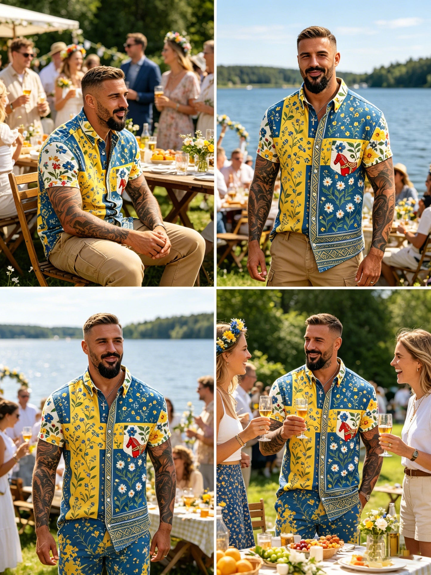 Herrtröja med korta ärmar och konstprint som hyllar den svenska midsommarfesten