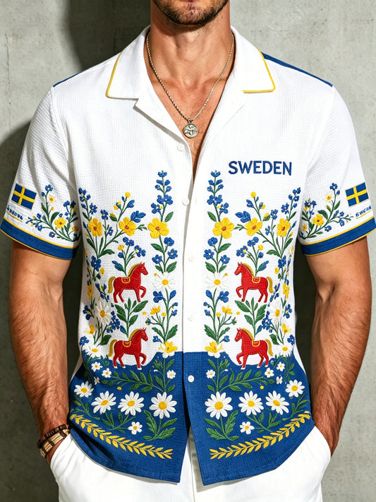 Herremidtsommerskjorte i vaffelstoff med blomstermønster