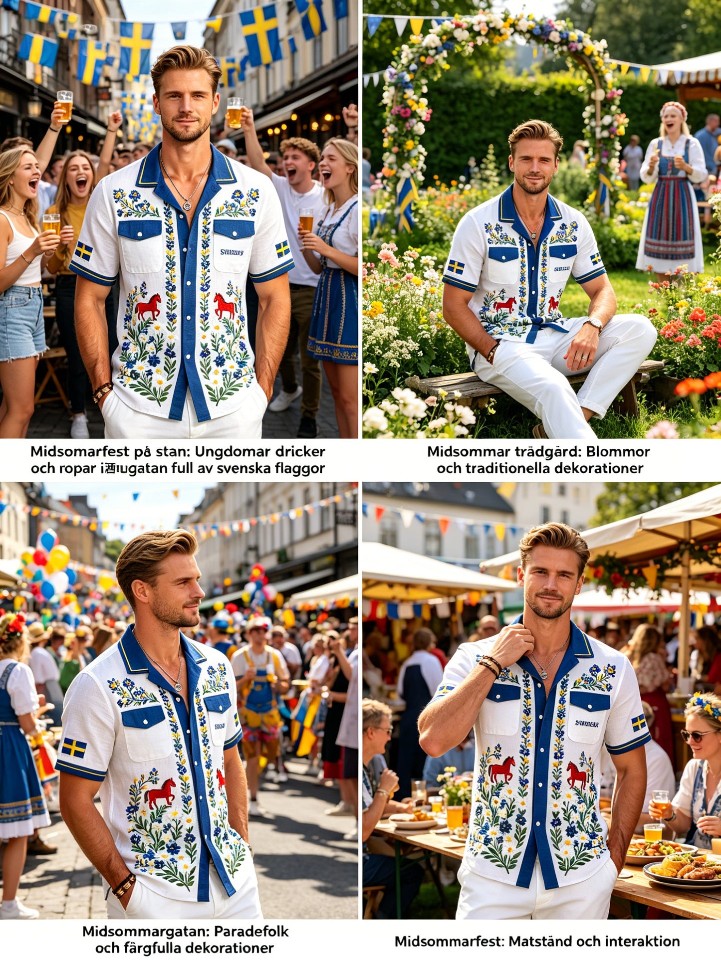 Herrskjorta i bomull-linne med midsommarblommönster