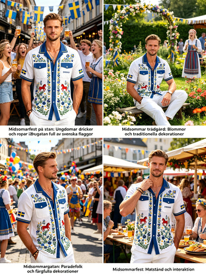 Herrskjorta i bomull-linne med midsommarblommönster