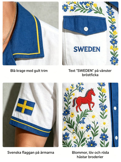 Herrskjorta i bomull-linne med midsommarblommönster