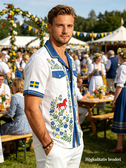 Herrskjorta i bomull-linne med midsommarblommönster