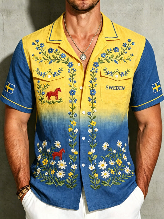Herreskjorte i bomull-lin med midtsommerblomstermønster