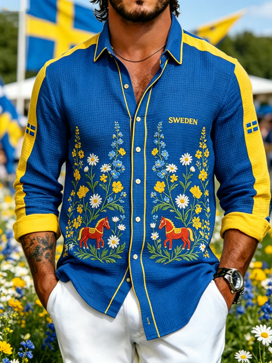 Herreskjorte med midtsommerblomstermønster og vaffelstruktur, langermet