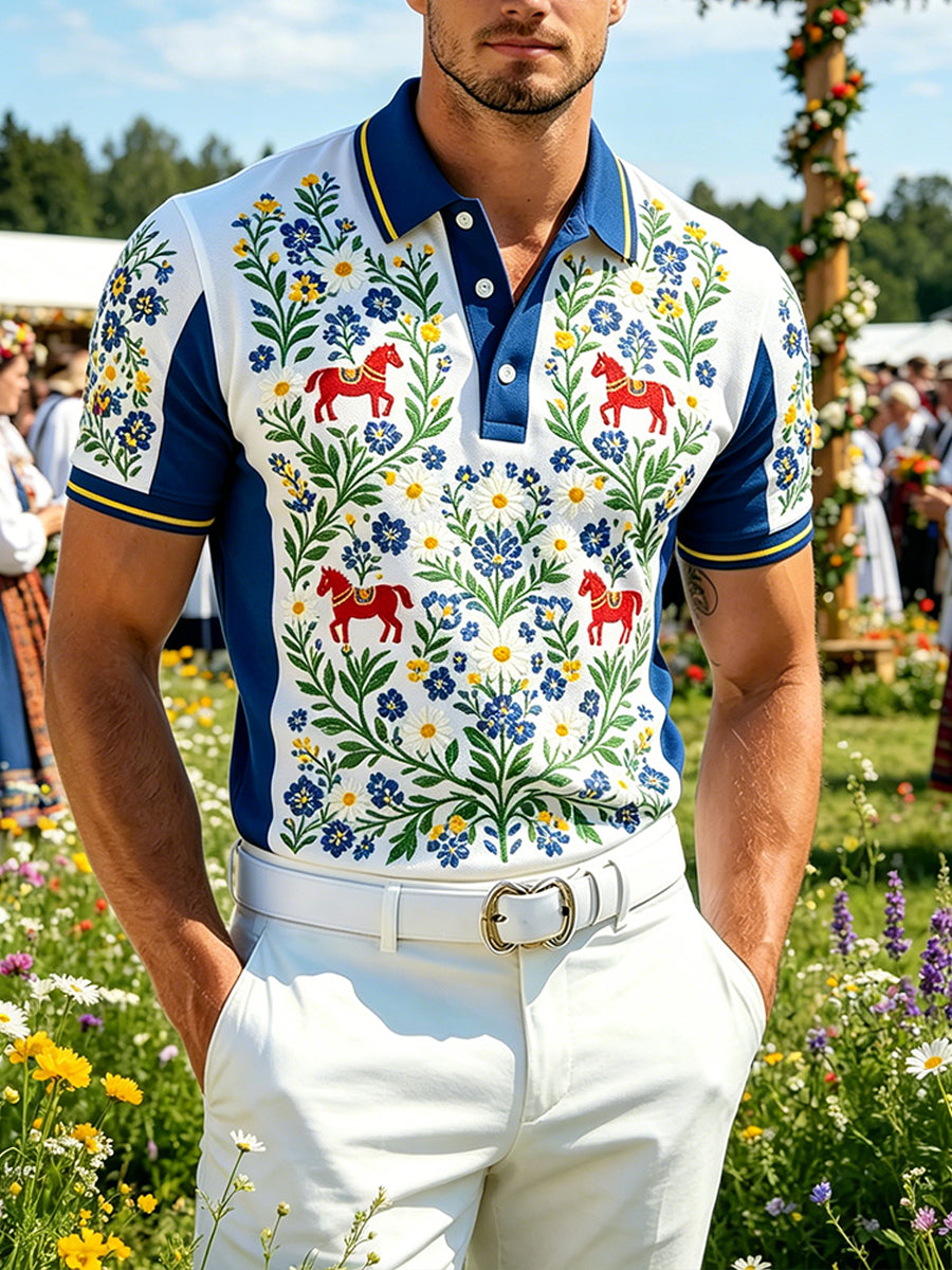 Mäns midsommar Floral Print Polo tröj