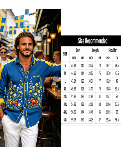Herrskjorta med midsommarblommönster och våffelstruktur, långärmad