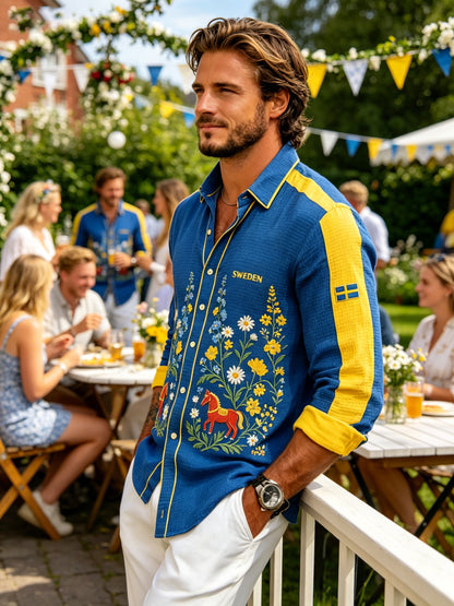Herrskjorta med midsommarblommönster och våffelstruktur, långärmad