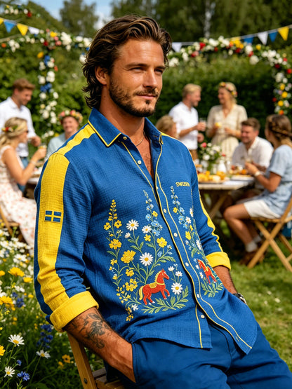 Herrskjorta med midsommarblommönster och våffelstruktur, långärmad