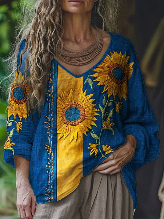 Damesverige blomstrete kunsttrykk lin avslappede topper
