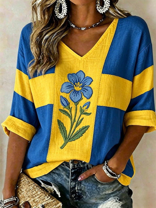 Damematte med svensk trykk av planter og blomster, ledig t-skjorte