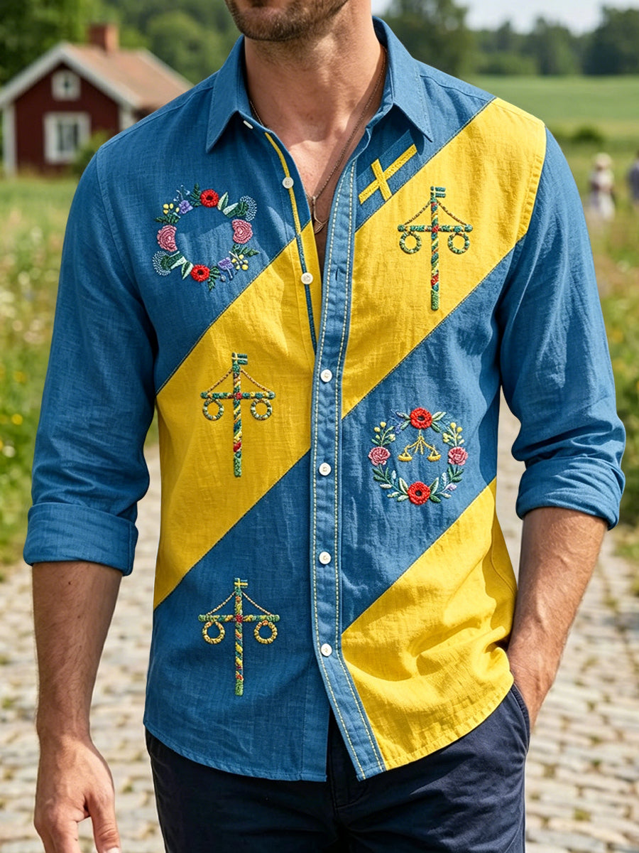 Herrvintage svensk midsommarblomkrans patchwork avslappnad skjorta