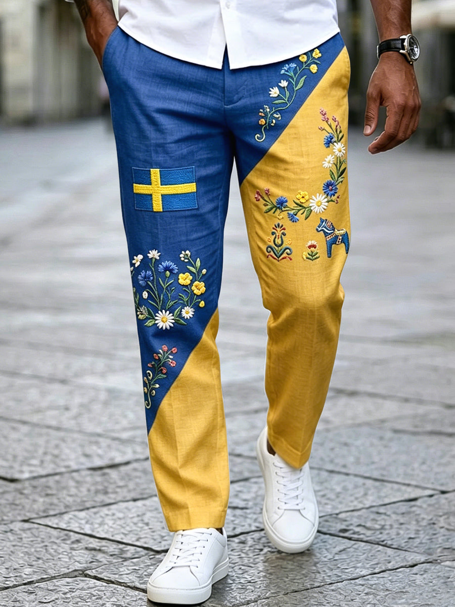 Herrbyxor i retrostil med svensk midsommarkransmönster, tillverkade av bomull-linne, vardagsvänliga