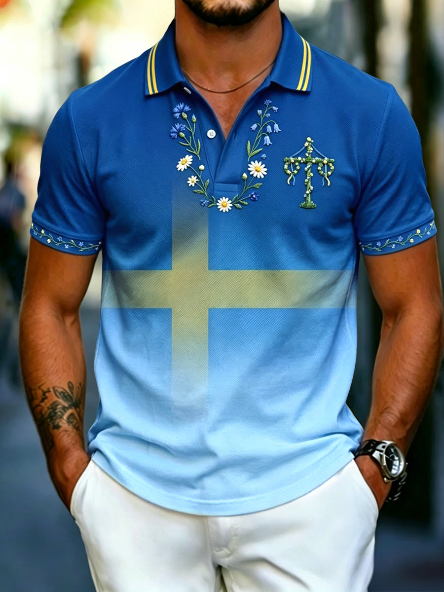 Herrretro svensk midsommarrandig lutande färggradient avslappnad polotröja