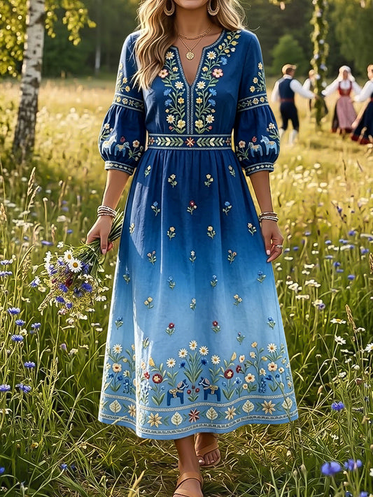 Dame Retro Svensk Midtsommer Blomstret Fargeforvandlende Kunst V-Erme Kjole