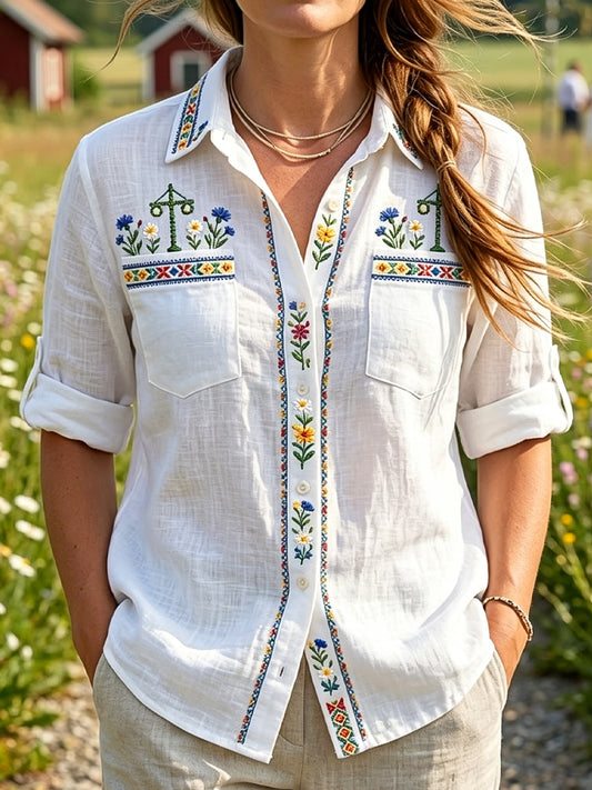 Dame retro svensk midtsommerblomstret uformell skjorte