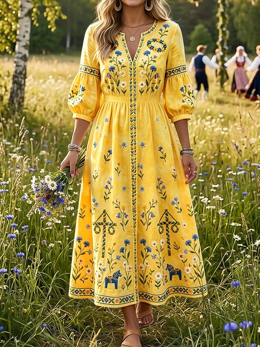 Dame vintage svensk midtsommer blomsterkarusellkunst V-halskjole