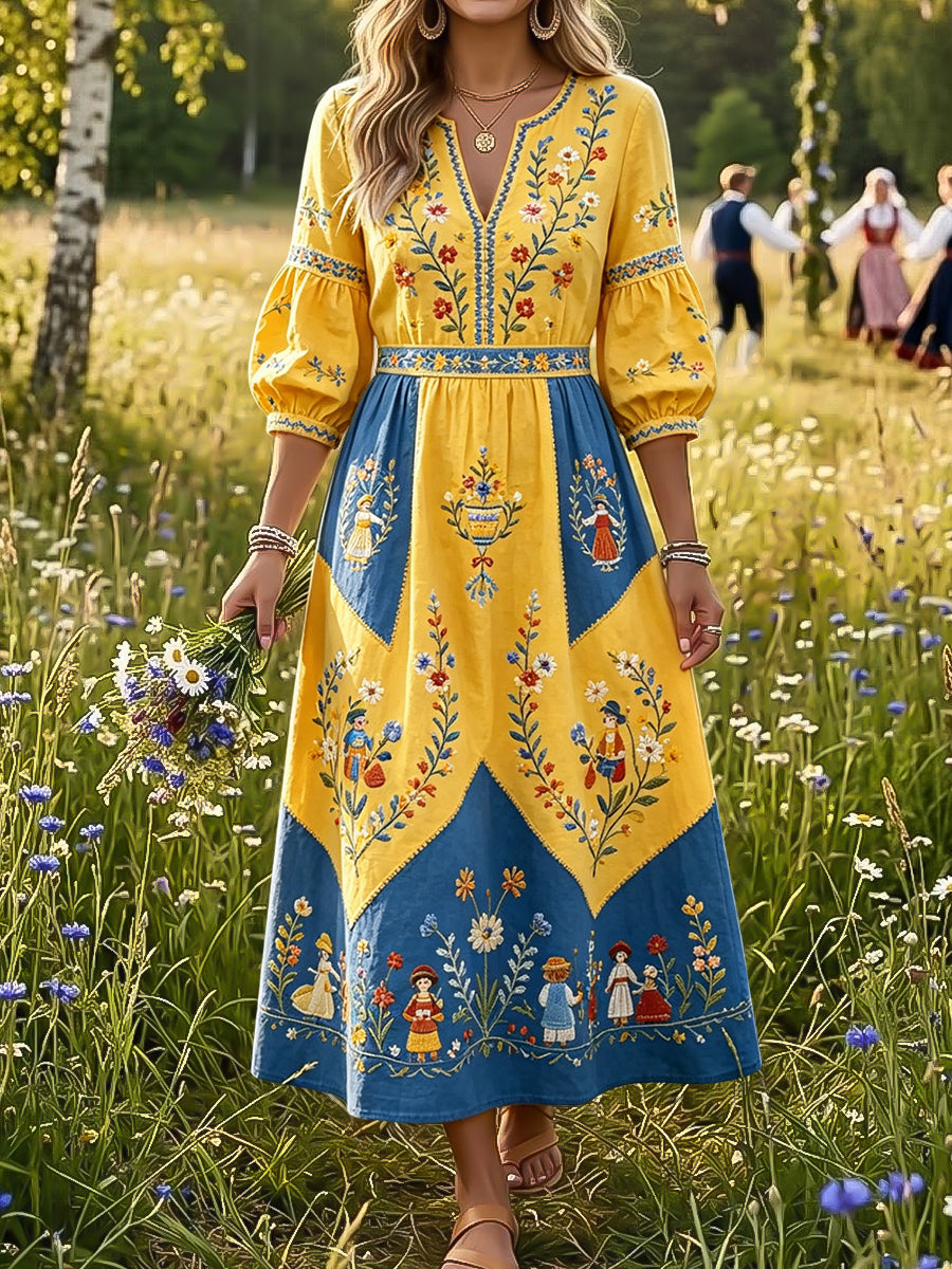 Dams Retro Midsommar Blommig Patchwork Konst V-Neck Klänning
