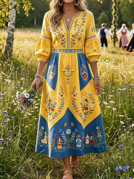 Dame Retro Midtsommer Blomstret Patchwork Kunst V-Hals Kjole