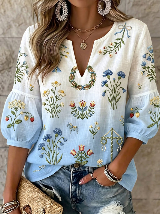 Dame retro midtsommerblomstret gradert kunst V-hals topp