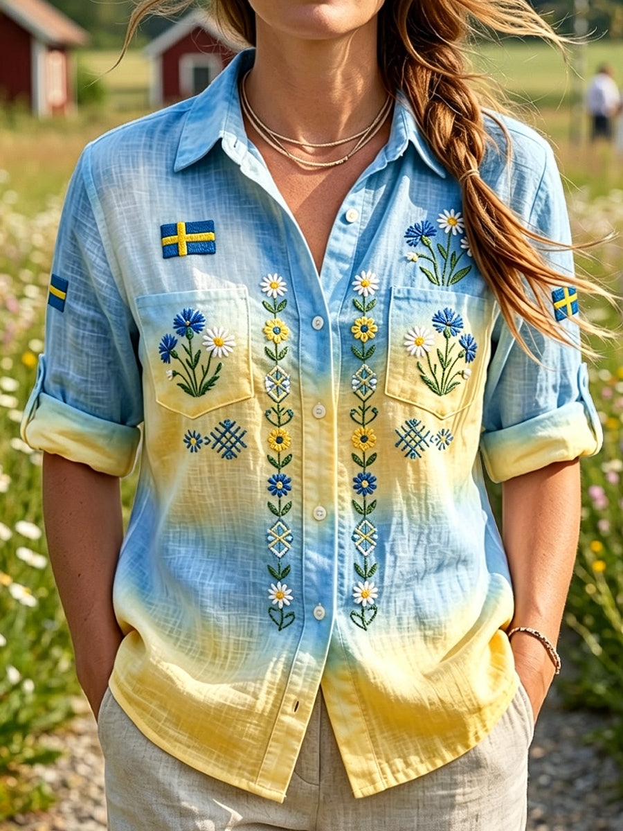 Dams retro svensk midsommarblommig knytfärgad casualskjorta