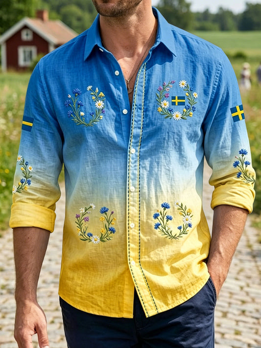 Vintage svensk midtsommerkransgradert avslappet skjorte