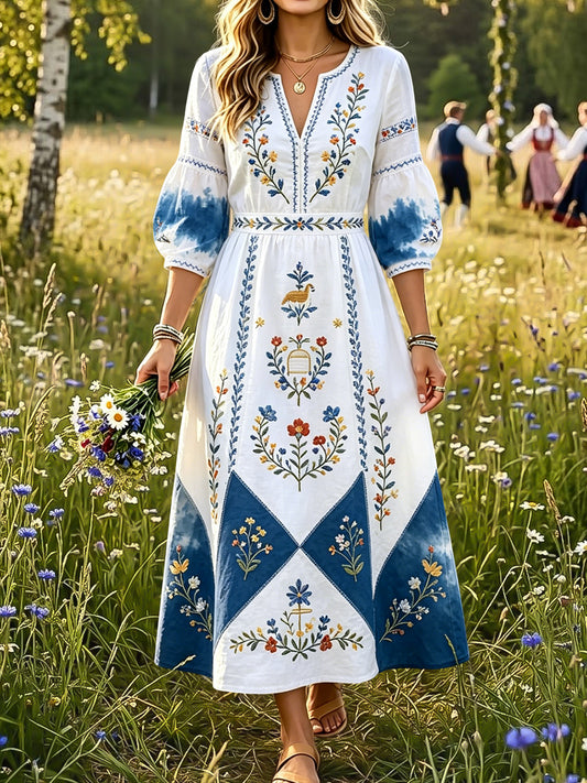 Damer Retro Midtsommer Blomstret Strykefarge Patchwork Kunst V-Erme Kjole