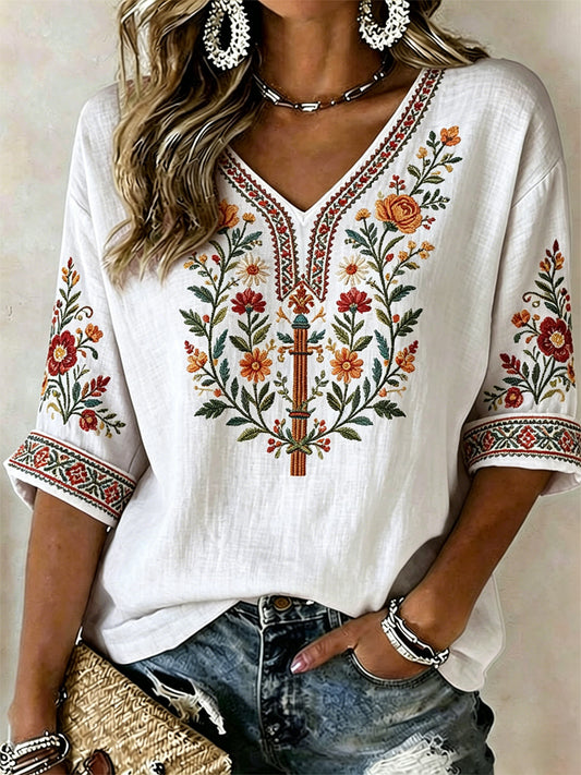 Dame Midtsommer-print avslappet t-skjorte