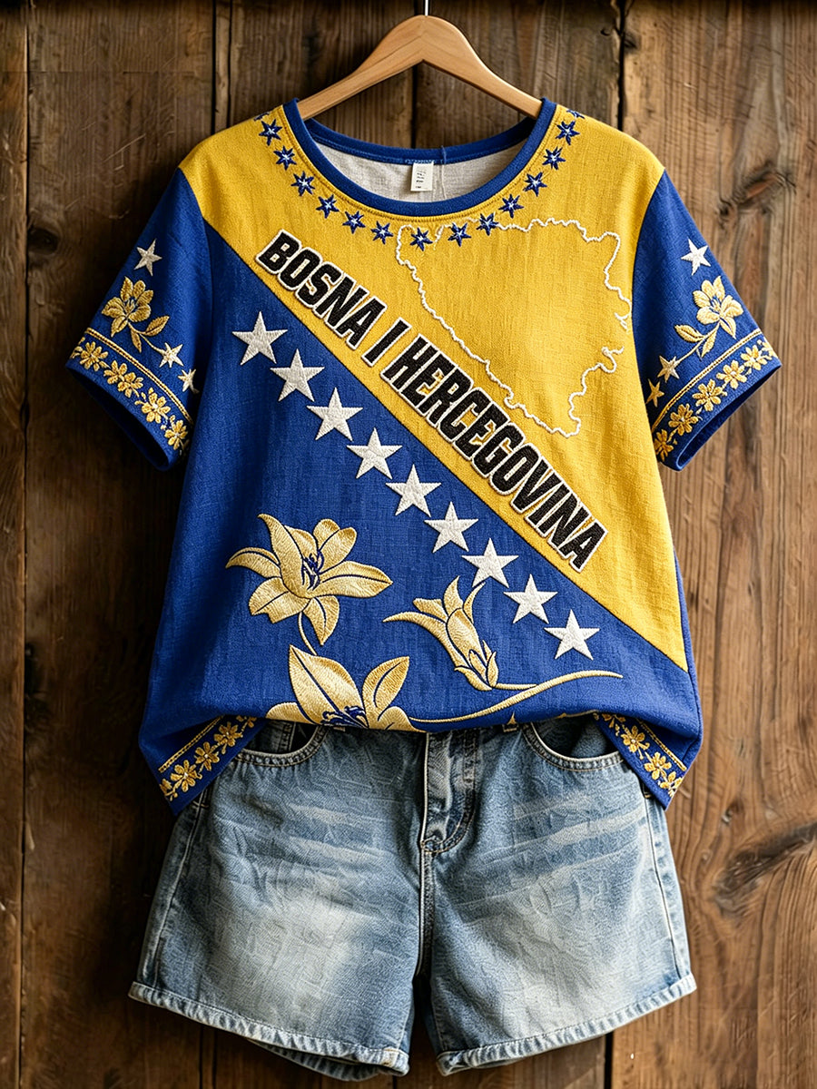 Kvinnors Bosnia Fotboll älskare konst tryckt lin T-shirt