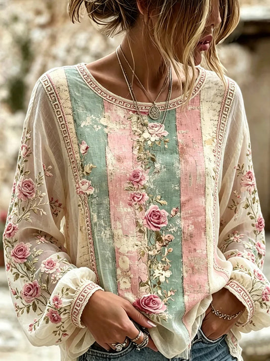 Retro blomstertrykk avslappet topp i bomull-lin