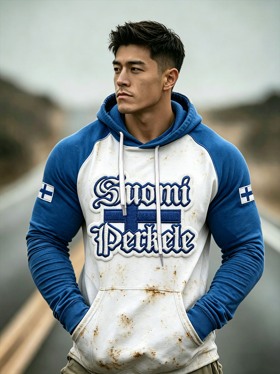 Mäns finska Suomi Vintage Tryck Drop-Skalle Hooded Sweatshirt