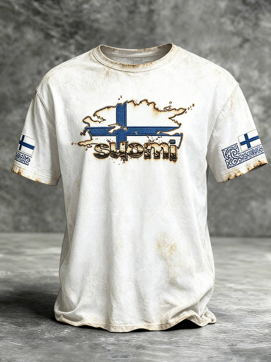 Herre Hvit Suomi Vintage Print Uformell T-skjorte