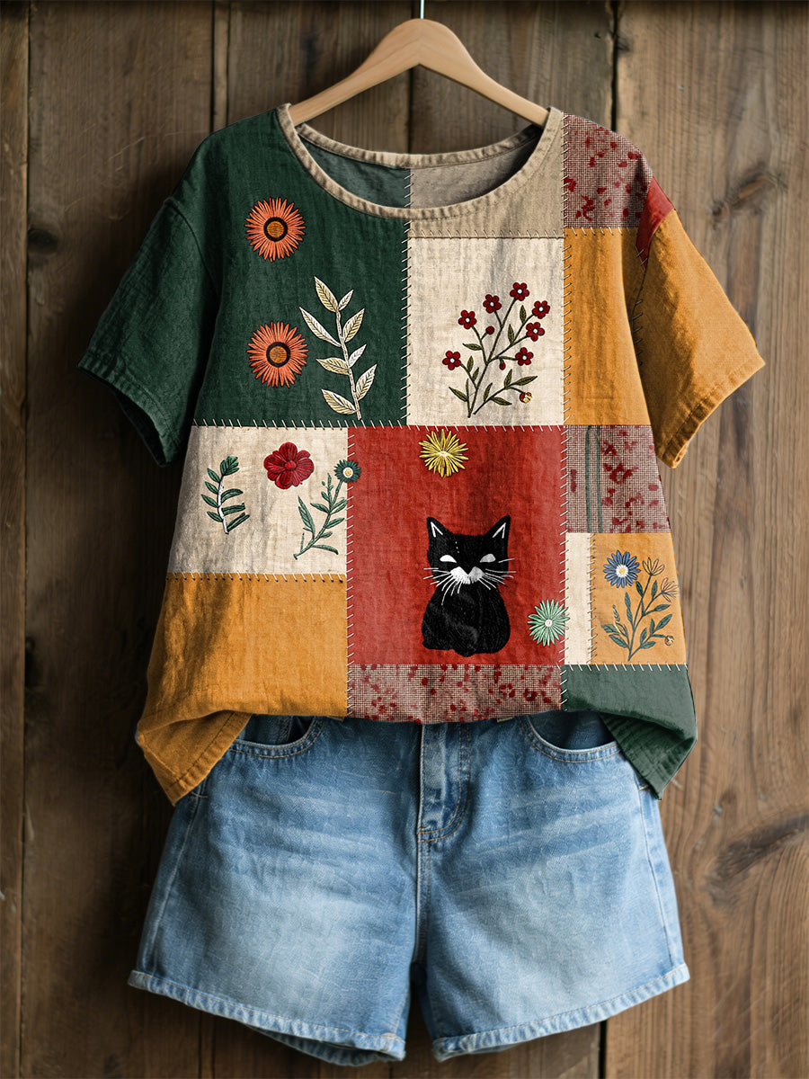 Dams retro blommig kattmönstrad casual t-shirt