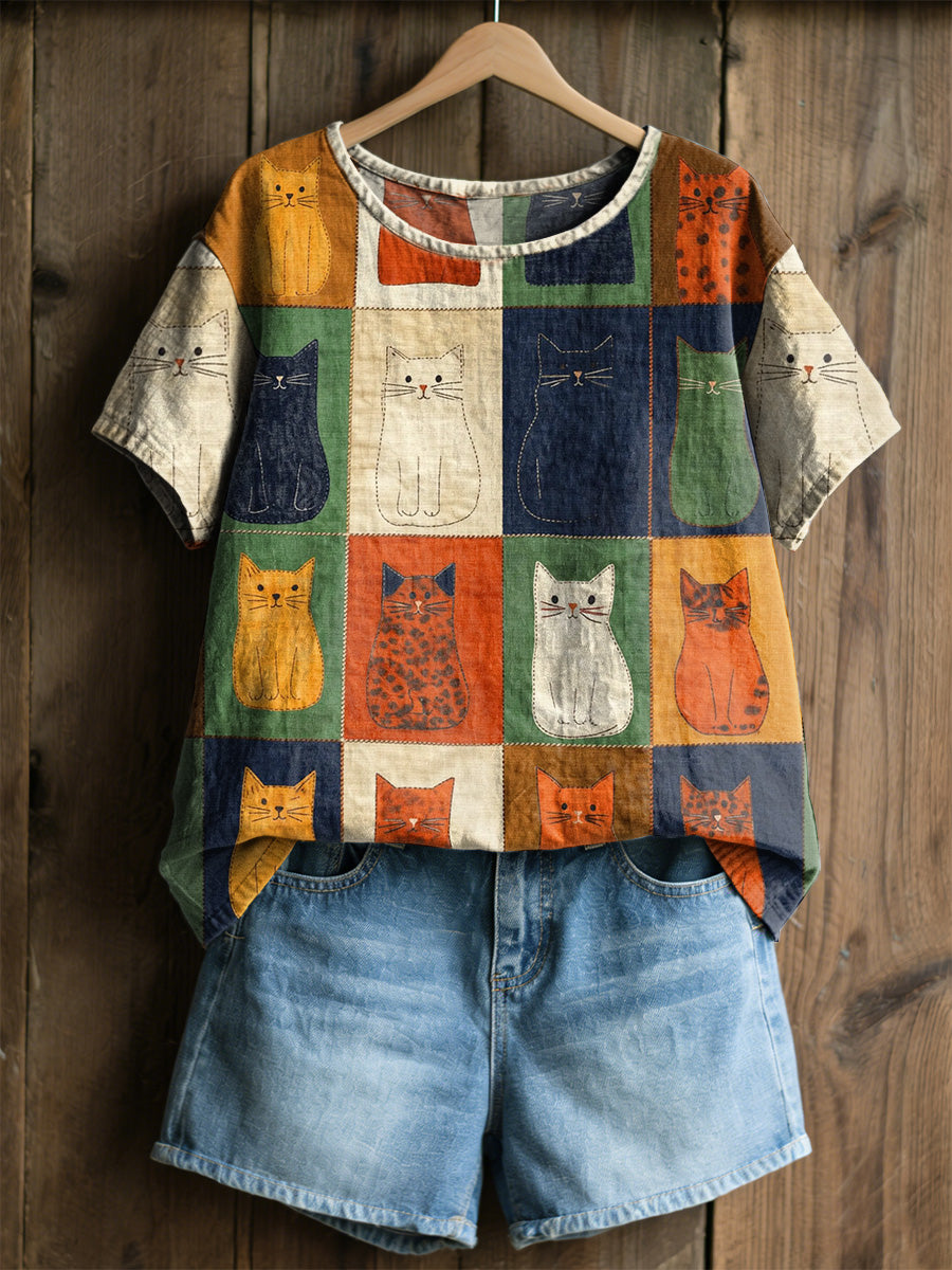 Kvinnors Retro Katter Skriv ut Casual Tee