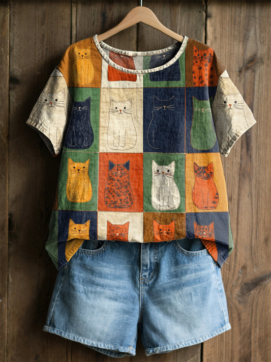 Retro T-skjorte med katteprint til dame