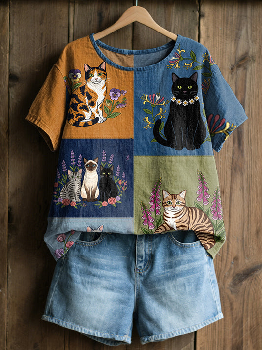 Retro blomstret t-skjorte med kattetrykk til damer