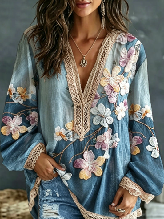 Dameskjorte i bohemisk stil med blomstermønstret broderi, kontrastfarger, linblanding og V-hals samt lange ermer