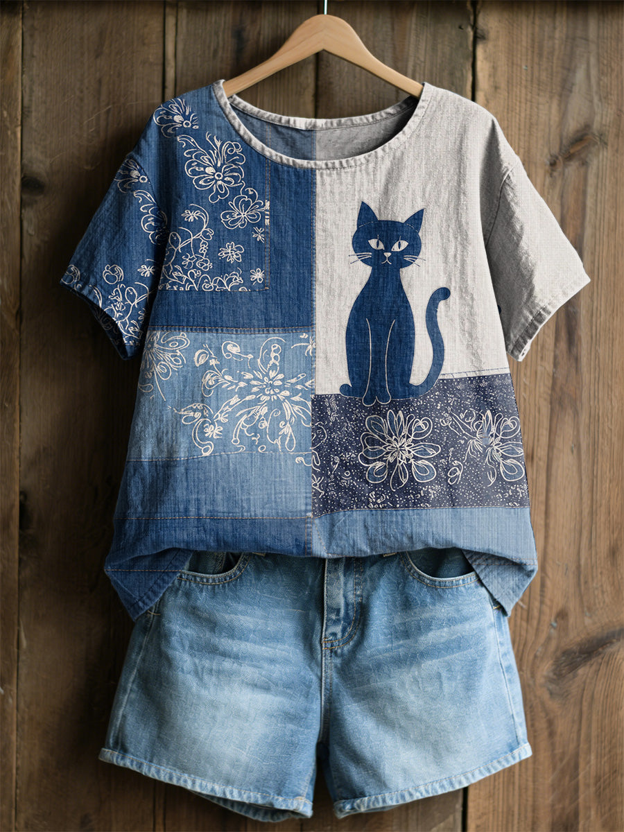 Dams retro blommig kattmönstrad casual t-shirt