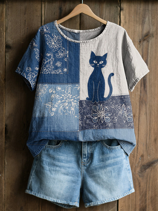 Retro blomstret t-skjorte med kattemotiv til dame