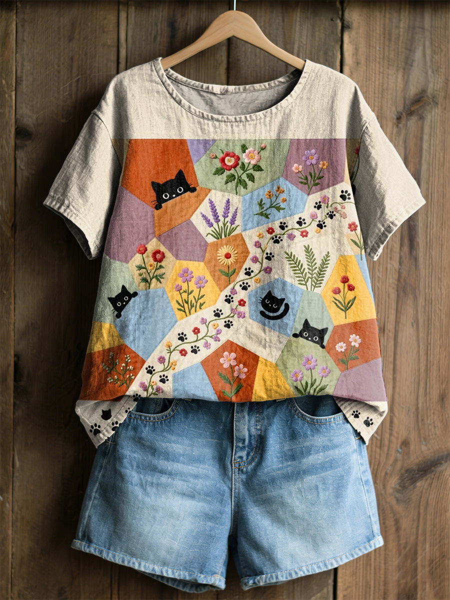 Kvinnors Retro Floral Cats Skriv ut Casual Tee