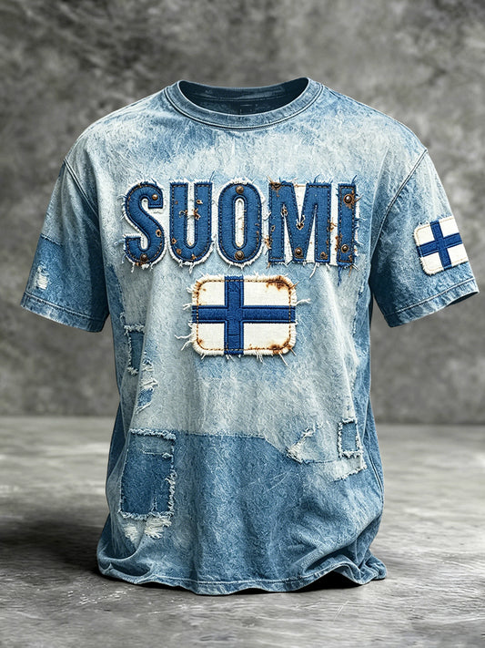 Herre Finland Suomi Denim-effekt Patchwork Print Uformell T-skjorte