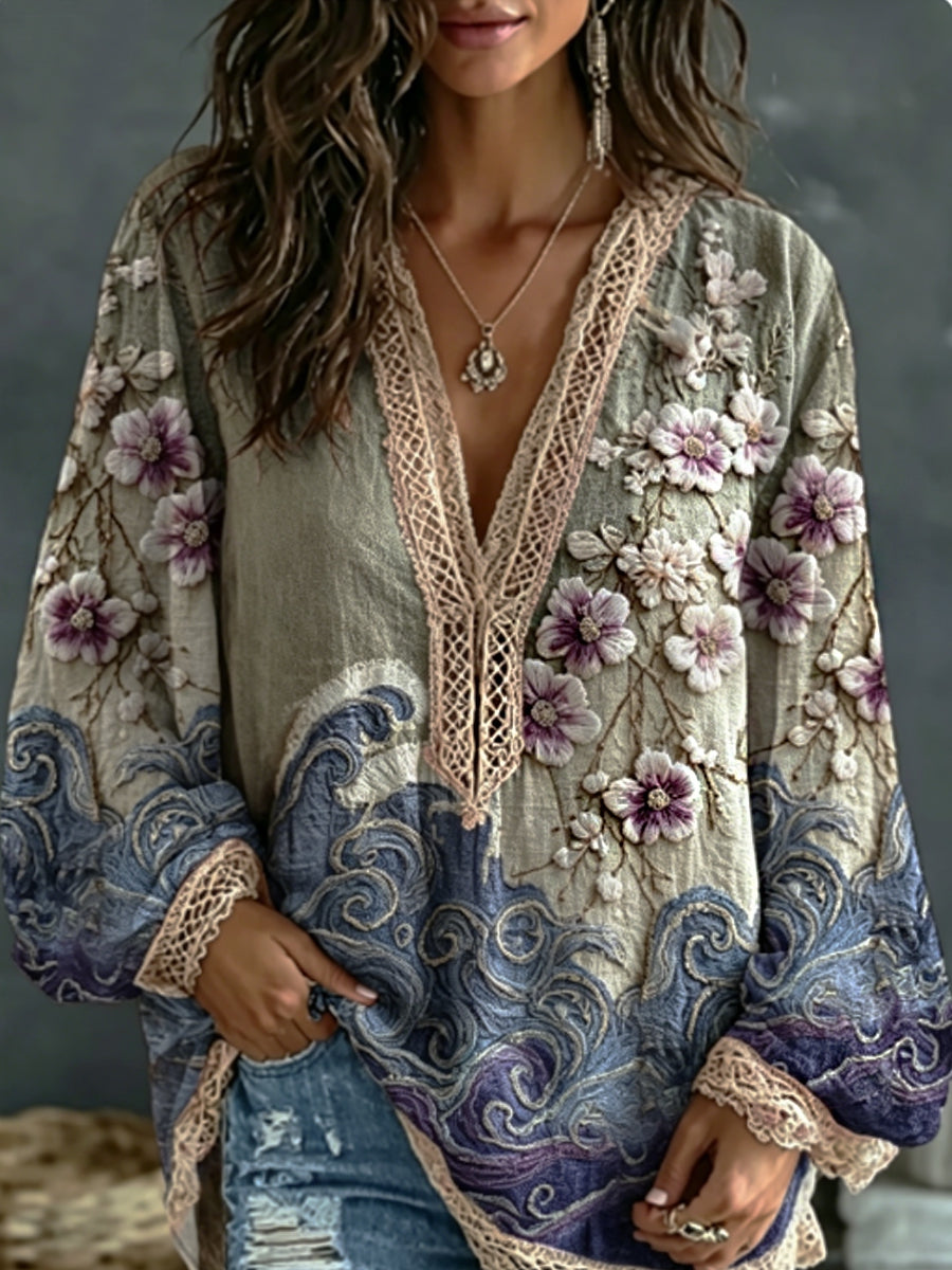 Damskjorta i linne med klassiskt graderat broderat mönster föreställande japanska sakurablommor och havsvågor, V-ringning och lång ärm