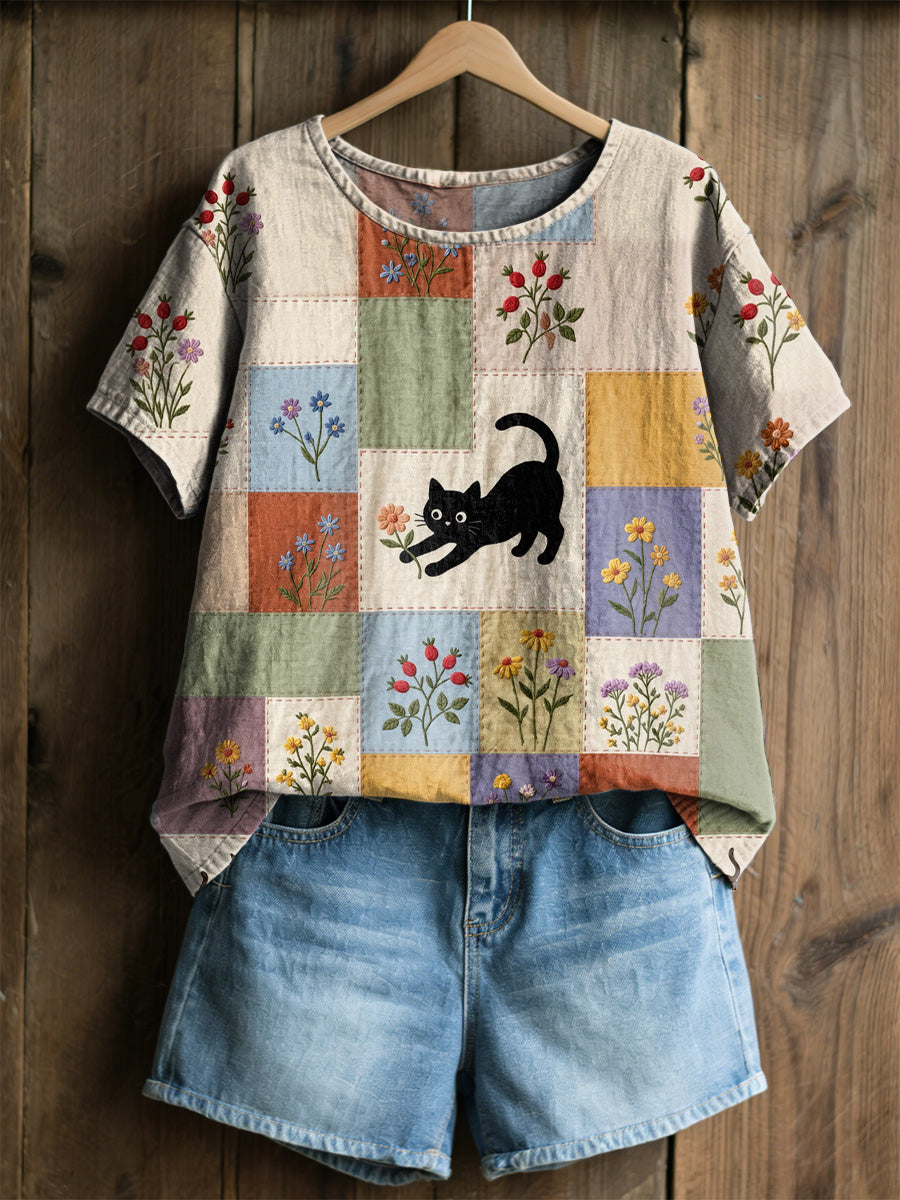 Dams retro blommig kattmönstrad casual t-shirt